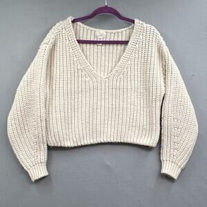H&M Sweater M White Chunky Crop Cable Knit  V-Neck College Cozy Cabin Y2K Street